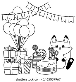 Kawaii fox with happy birthday cake design