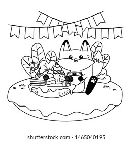 Kawaii fox with happy birthday cake design