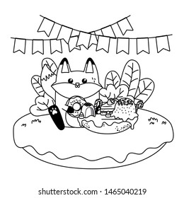 Kawaii fox with happy birthday cake design