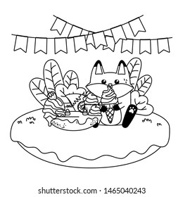 Kawaii fox with happy birthday cake design