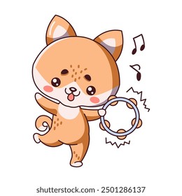 Kawaii fox plays tambourine flat vector illustration. Funny fox cub creates beautiful and uplifting melody icon on white background