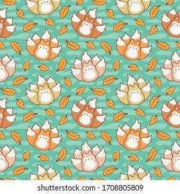 kawaii fox seamless pattern background, cartoon vector illustration