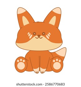 Kawaii fox sits in a cute pose. Cute wild forest animal vector illustration. Cartoon wildlife. Isolated on white background