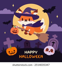 Kawaii Fox Witch Flying on Broomstick. Cute Halloween Illustration. Adorable Fox in Witch Costume Under Full Moon. Halloween Night Scene. Cute Halloween Fox Witch with Pumpkin and Bats.