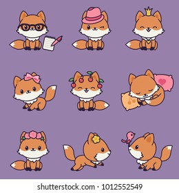 Kawaii foxes icons. Different characters on purple background. Vector art