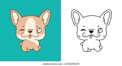 Kawaii French Bulldog Dog for Coloring Page and Illustration. Adorable Clip Art Dog. Cute Vector Illustration of a Kawaii Animal for Stickers, Prints for Clothes, Baby Shower. 