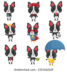 Kawaii French bulldog set. Cute cartoon dogs in different situations and costumes. Vector characters.