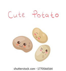 Kawaii Fresh Potatoes vector characters isolated on white background. Funny happy smiling potato friends with hand written lettering. Cute yummy food product mascot illustration. Kids menu concept.