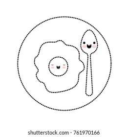 kawaii fried egg and spoon on dish in black dotted silhouette