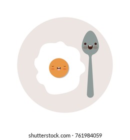 kawaii fried egg and spoon on dish in colorful silhouette on white background