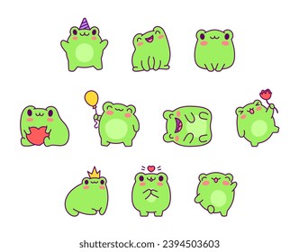 Kawaii frog cartoon character. Cute reptile animal. Hand drawn style. Vector drawing. Collection of design elements.