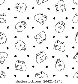 Kawaii frog cartoon character. Seamless pattern. Coloring Page. Cute reptile animal. Hand drawn style. Vector drawing. Design ornaments.