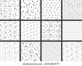 Kawaii frog cartoon character. Seamless pattern. Coloring Page. Cute reptile animal. Hand drawn style. Vector drawing. Collection of design ornaments.