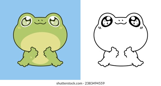 Kawaii Frog Clipart Multicolored y Black and White. Animal Kawaii. Ilustración vectorial aislada de un anfibio Kawaii para impresiones de ropa, pegatinas, ducha bebé. 