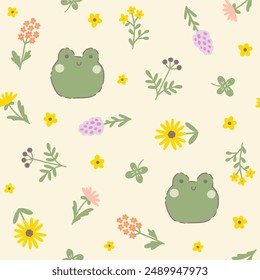 Kawaii Frosch nahtlose Vektorgrafik Muster mit Sommerwiese Blumen. Kinderliche handgezeichnete Illustration in einer Pastellpalette auf beigem Hintergrund für Babydrucke, Textilien, Verpackungen, Bildschirmhintergrund