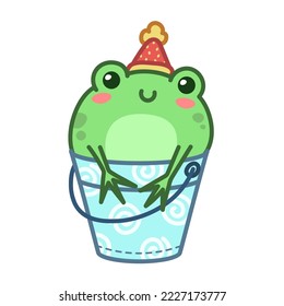 Kawaii frog sitting in bucket. Cute cartoon character for designs. Colorful vector illustration isolated on white background.