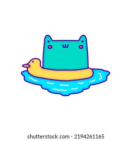 Kawaii frog swimming with rubber duck, illustration for t-shirt, sticker, or apparel merchandise. With modern pop and retro style.