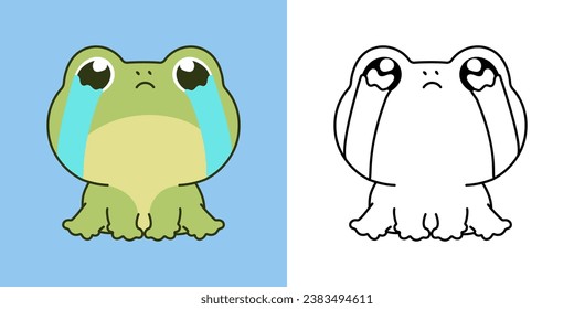 Kawaii Froggy para página de colorear e ilustración. Animales Adorables De Pintura. Ilustración vectorial de un anfibio kawaii para pegatinas, impresiones para ropa, ducha para bebés. 