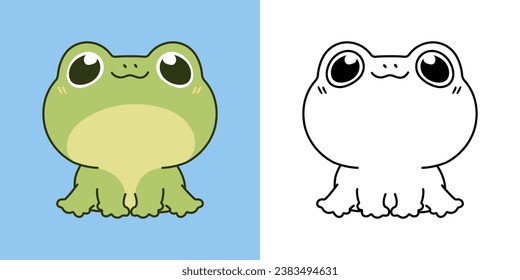 Kawaii Froggy para página de colorear e ilustración. Animales Adorables De Pintura. Ilustración vectorial de un anfibio kawaii para pegatinas, impresiones para ropa, ducha para bebés. 