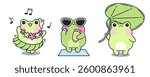 Kawaii frogs in summer outfits - dancing in floral dress, in sunglasses smearing with sunscreen, holding leaf umbrella. Cute cartoon green toad character with big eyes, rosy cheeks, adorable poses.