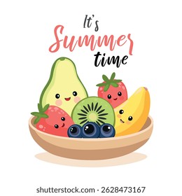 Kawaii fruit bowl with avocado, kiwi, strawberry, banana, blueberry and “It’s Summer Time” text – cute cartoon vector illustration for kids, summer holidays, seasonal decor, and food-related designs.