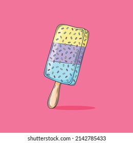 Kawaii fruit ice cream, frozen juice on wooden stick, fruity popsicle. Colorful cold summer dessert isolated.