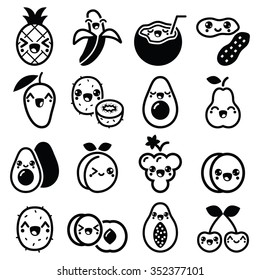 Kawaii Fruit And Nuts Cute Characters Icons Set