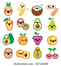 Kawaii fruit and nuts cute characters icons set