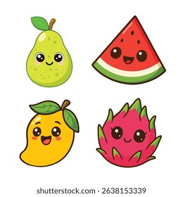 Kawaii Fruit Vector Pack - Mango, Pear, Watermelon, Dragon Fruit 