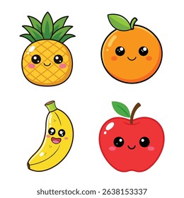 Kawaii Fruit Vector Pack - Pineapple, Orange, Banana, Apple