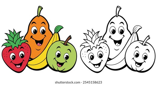 Dibujos animados de frutas Kawaii sonriendo para colorear para niños. Fácil de frutas de dibujos animados personaje para colorear libro imprimible. Ilustración vectorial para colorear de dibujos animados de frutas