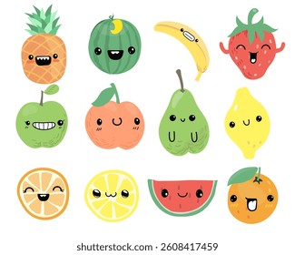 Kawaii fruits characters. Cute cartoon anime apple, pineapple, watermelon, peach banana, raspberry. Vector hand drawn set