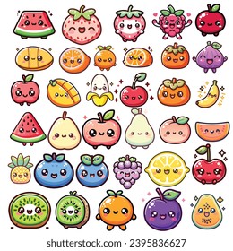 
Kawaii fruits, Cute Fruit, Happy cute set of smiling fruit faces. Vector set of flat cartoon illustration icons. Isolated on white background. Strawberry, apple, pineapple, Banana, Watermelon, Grape,
