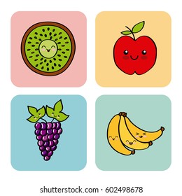 kawaii fruits icon over colorful squares and white background. vector illustration
