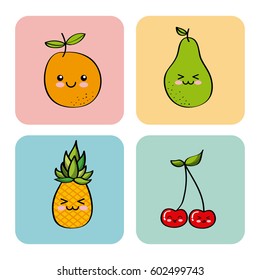kawaii fruits icon over colorful squares and white background. vector illustration