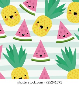 kawaii fruits pattern set with face expression on decorative lines color background vector illustration