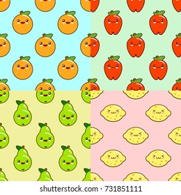 kawaii fruits pattern set on color background. Orange, pears, lemon, apple. Flat design Vector Illustration Eps10