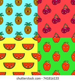 kawaii fruits pattern set on color background. Watermelon, pineapple, cherry, apple. Flat design Vector Illustration Eps10
