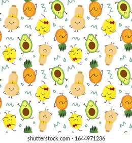 kawaii fruits seamless pattern set with face expression on white background vector illustration. Avocado, lemon and squash. Concept of joy and happiness.