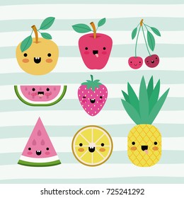 kawaii fruits set collection on decorative lines color background vector illustration