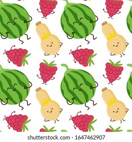 kawaii fruits and vegetables seamless pattern with face expression on white color background. pineapple, pumpkin and raspberry. vector illustration. Concept of joy and happiness.