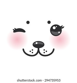 Kawaii funny albino animal white muzzle with pink cheeks and winking eyes. Vector