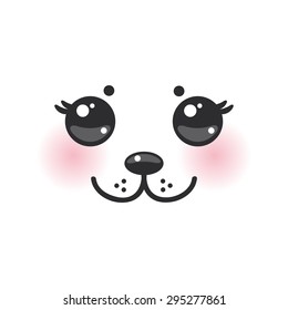 Kawaii funny albino animal white muzzle with pink cheeks and big black eyes. Vector