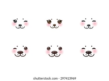 Kawaii funny albino animal white muzzle with pink cheeks and winking eyes. Vector