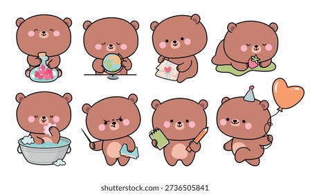 Kawaii funny bears. Adorable bear, forest wild animal various poses and emotions. Cute animals characters children mascots, stickers design, nowaday vector clipart