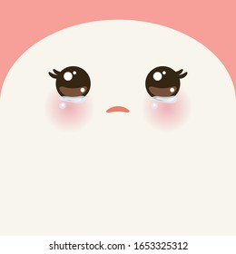 Kawaii funny beige muzzle with pink cheeks and big eyes Cute cartoon pet simple Crying Face. portrait on pink background for your text. Vector