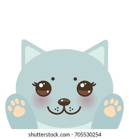 Kawaii funny blue cat muzzle with pink cheeks and big black eyes Cat's paws isolated on white background. Perfect for a greeting card, notebook, case. Vector