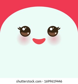 Kawaii funny blue muzzle with pink cheeks. Cute Cartoon Face on pink background. Card banner design Nursery decor trend of the season, scandinavian style. Vector illustration