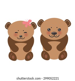 Kawaii funny brown bears girl and boy white muzzle with pink cheeks and big black eyes. Vector