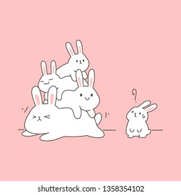 Kawaii funny bunny family lie over each other, simple and clean vector illustration